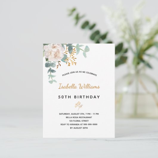 Birthday 50 florale eucalyptus goudgroene elegant briefkaart (Staand voorkant)