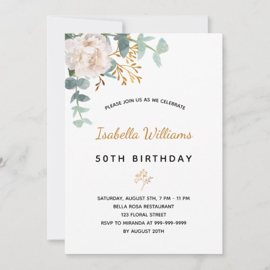 Birthday 50 florale eucalyptus goudgroene elegant kaart (Voorkant)