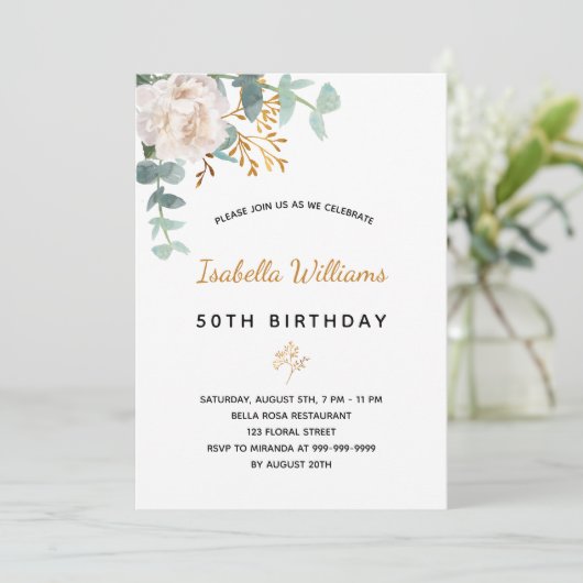 Birthday 50 florale eucalyptus goudgroene elegant kaart (Staand voorkant)