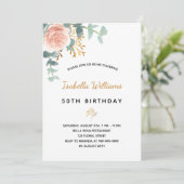 Birthday 50 florale eucalyptus roos goudelegant kaart (Staand voorkant)