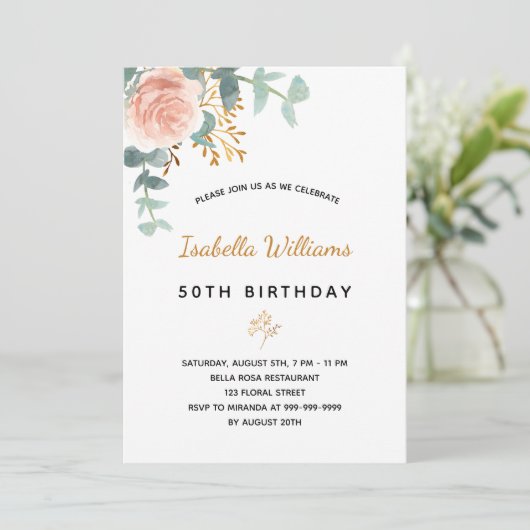 Birthday 50 florale eucalyptus roos goudelegant kaart (Staand voorkant)