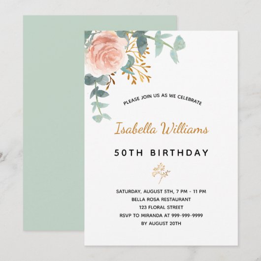 Birthday 50 florale eucalyptus roos goudelegant kaart (Voorkant / Achterkant)