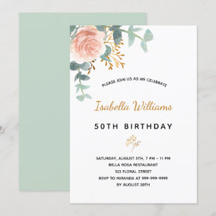 Birthday 50 florale eucalyptus roos goudelegant kaart