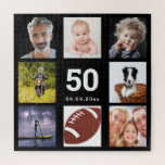 Birthday 50 foto collage man man zwart legpuzzel<br><div class="desc">Een geschenk voor een 50e (of om het even welke leeftijd) verjaardag van een man,  die zijn leven met een collage van acht van uw foto's viert. Sjablonen voor de leeftijd van 50 jaar en een datum. Geboortedatum of -datum. Witte gekleurde letters. Zwarte achtergrond.</div>