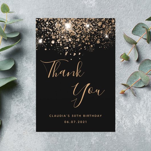 Birthday 50 zwarte goudglitter glamoureus bedankkaart
