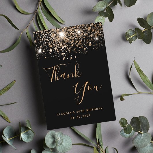Birthday 50 zwarte goudglitter glamoureus bedankkaart