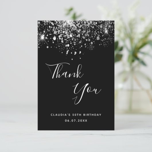 Birthday 50 zwarte zilverglitter glamoureus bedankkaart (Staand voorkant)
