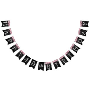 Birthday aanpassen - Roze glitter & zwarte Damask Vlaggetjes