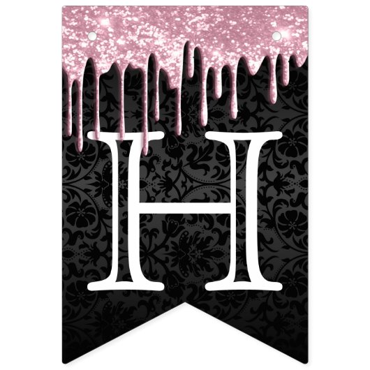 Birthday aanpassen - Roze glitter & zwarte Damask Vlaggetjes (Eerste vlag)