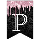 Birthday aanpassen - Roze glitter & zwarte Damask Vlaggetjes (Derde vlag)