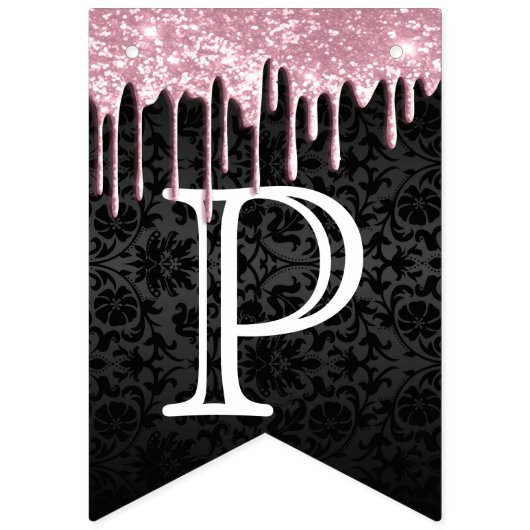 Birthday aanpassen - Roze glitter & zwarte Damask Vlaggetjes (Derde vlag)