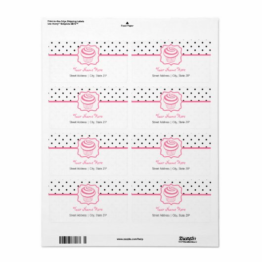 Birthday Address Label - Polka Dot/Pink Cupcake (Full Sheet)