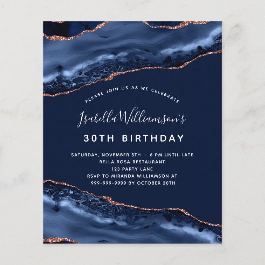 Birthday agate marmer blue roos budget uitnodiging flyer (Voorkant)