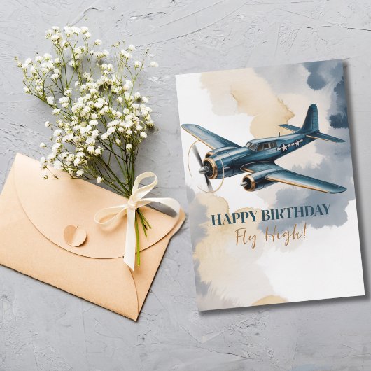 Birthday Airplane Blue and Gold Watercolor Elegant Kaart