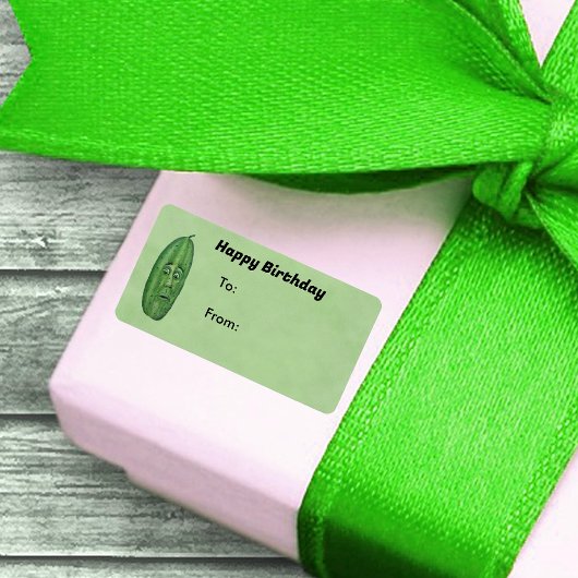 Birthday Anthropomorphic Green Pickle With Face Etiket