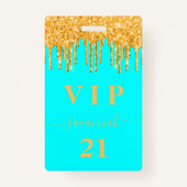 Birthday aqua gold glitter druppelt monogram vip badge (Voorkant)