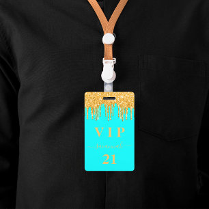 Birthday aqua gold glitter druppelt monogram vip badge