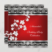 Birthday Asian Red Black Floral Silver White Kaart (Voorkant / Achterkant)