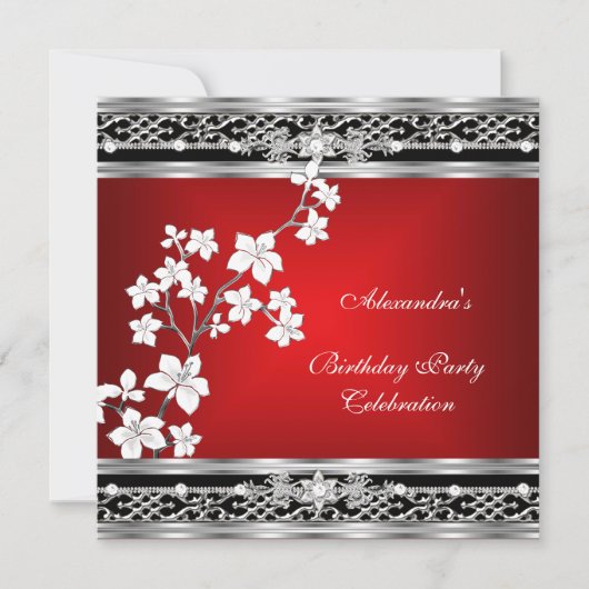 Birthday Asian Red Black Floral Silver White Kaart (Voorkant)