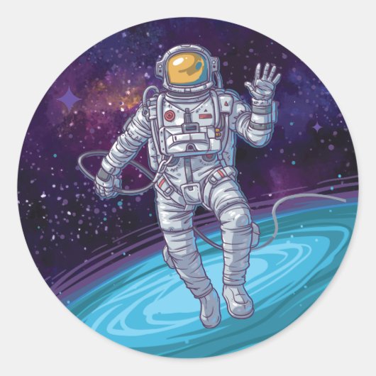Birthday. Astronaut in de ruimte met Sterren & Gal Ronde Sticker (Voorkant)