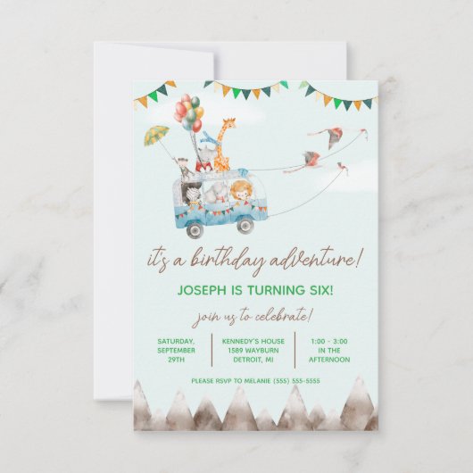 Birthday-avontuur, vliegende dieren, vogeldag kaart (Voorkant)