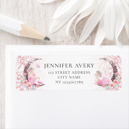 Birthday Ballerina Moon Glitter Return Address Etiket (Insitu)