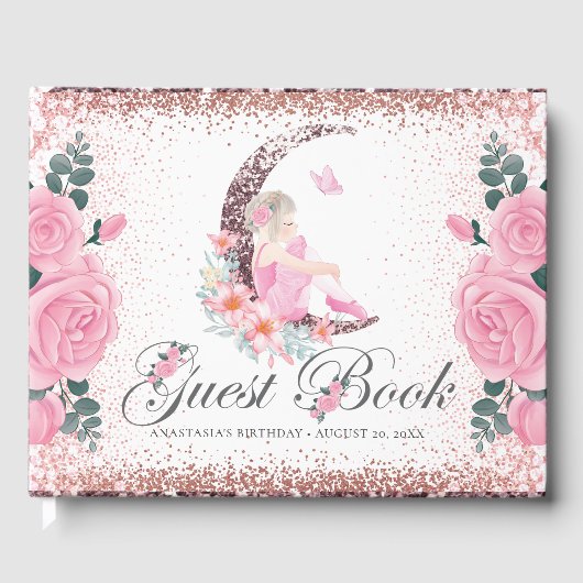 Birthday Ballerina Moon Pastel Pink Glitter Gastenboek (Voorkant)