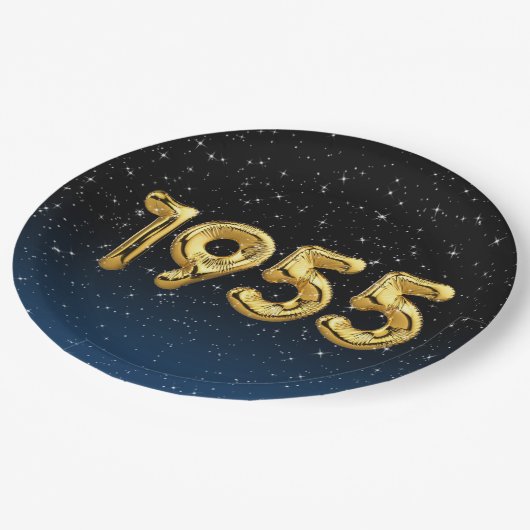 Birthday-ballonnen 1955 in sterren papieren bordje (Gekanteld)