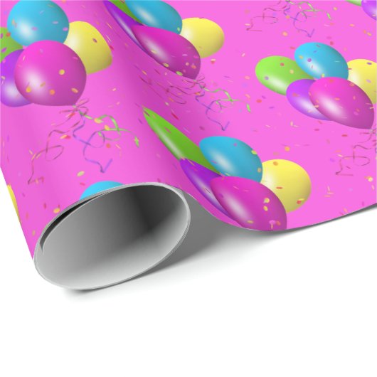 Birthday-ballonnen met een confetti op roze cadeaupapier (Rol Hoek)