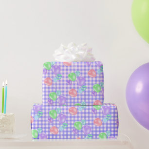Birthday-ballonnen op Paars gingham-pakpapier Cadeaupapier