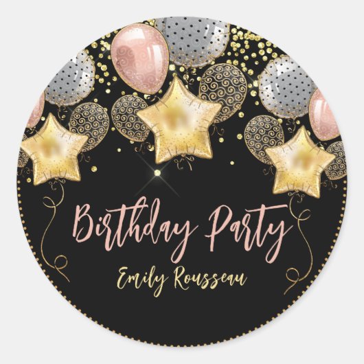 Birthday ballons Gold Glitter Balballon Black Ronde Sticker (Voorkant)