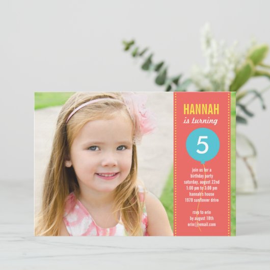 Birthday Balloon Photo Birthday Invitation - Coral Kaart (Staand voorkant)