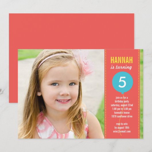 Birthday Balloon Photo Birthday Invitation - Coral Kaart (Voorkant / Achterkant)