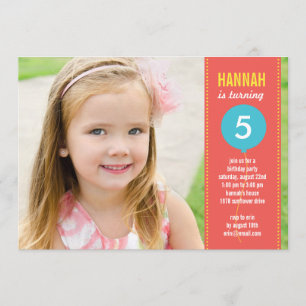 Birthday Balloon Photo Birthday Invitation - Coral Kaart