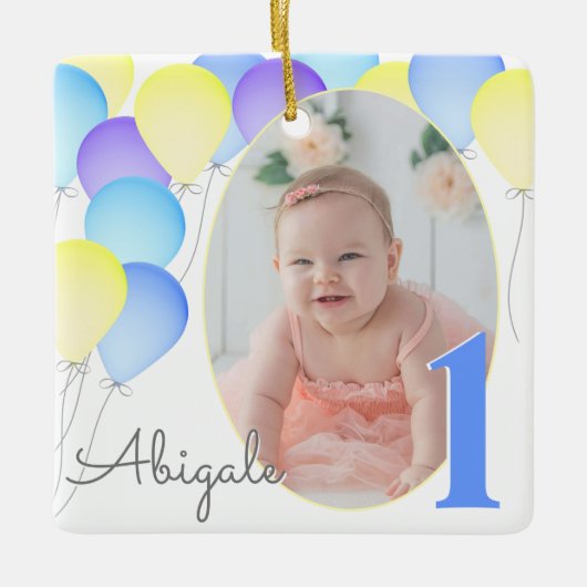Birthday Balloons Baby's eerste verjaardag met fot Keramisch Ornament (Voorkant)