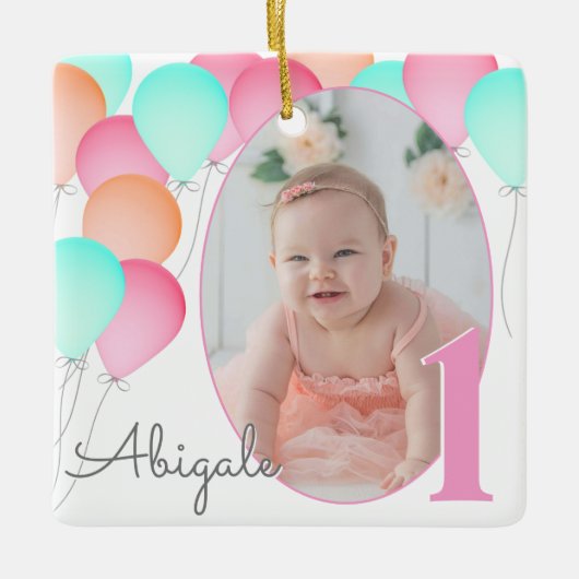 Birthday Balloons Baby's eerste verjaardag met fot Keramisch Ornament (Voorkant)