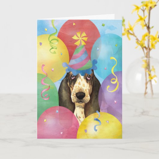 Birthday Balloons Basset Hond Kaart (Gele Bloem)
