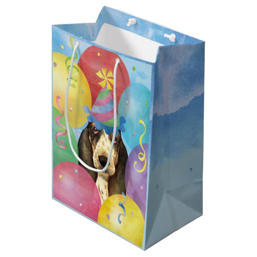 Birthday Balloons Basset Hond Medium Cadeauzakje (Voorkant Gekanteld)