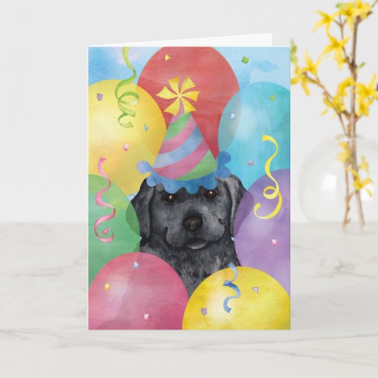 Birthday Balloons Black Lab Kaart (Gele Bloem)