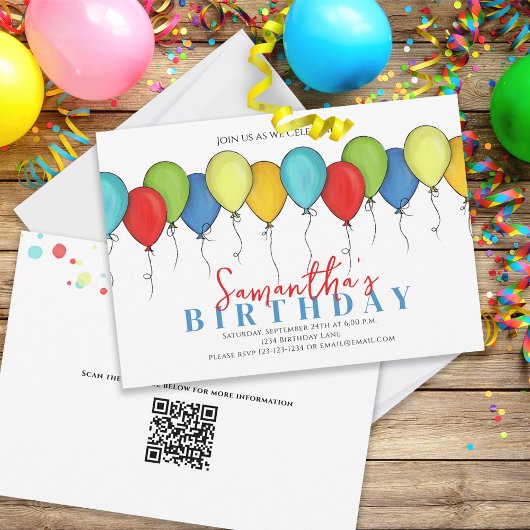 Birthday Balloons Confetti Modern Party QR Code Kaart