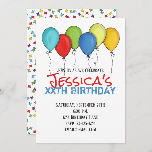 Birthday Balloons Confetti Moderne Partij Kaart (Voorkant / Achterkant)