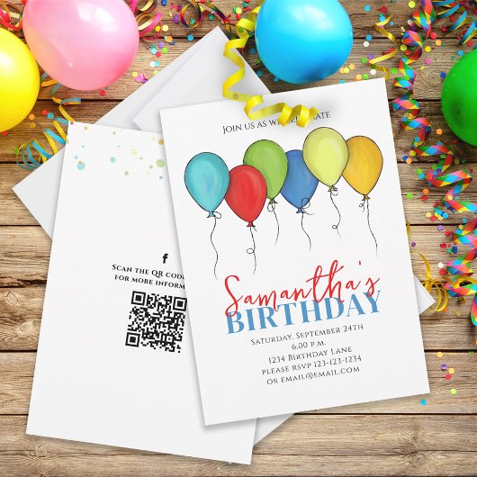 Birthday Balloons Confetti QR Code Social Media Kaart