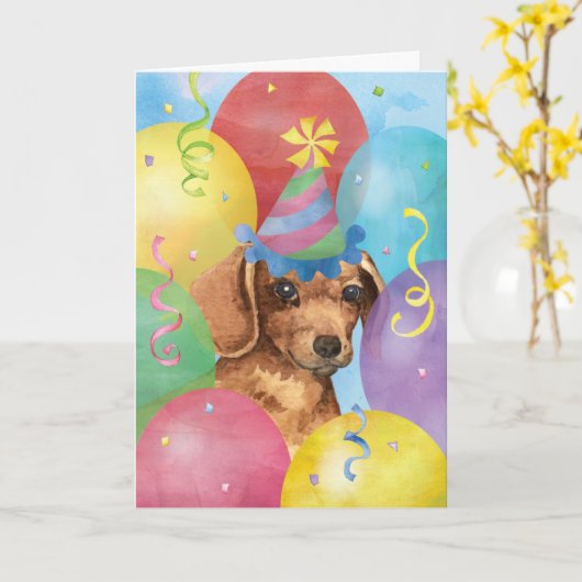 Birthday Balloons Dachshund Kaart (Gele Bloem)