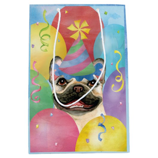 Birthday Balloons French Buldog Medium Gift Bag Medium Cadeauzakje (Voorkant)