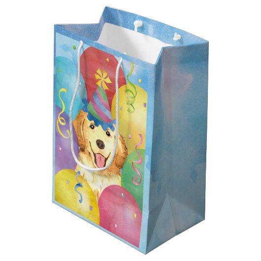 Birthday Balloons Golden Retriever Medium Cadeauzakje (Achterkant Gekanteld)