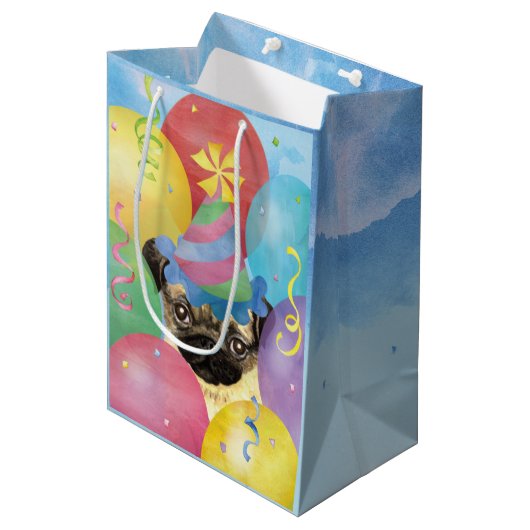 Birthday Balloons Pug Medium Gift Bag Medium Cadeauzakje (Voorkant Gekanteld)