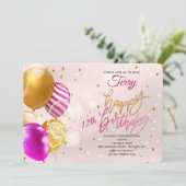 Birthday Balloons Roze uitnodiging (Staand voorkant)