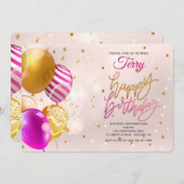 Birthday Balloons Roze uitnodiging (Voorkant / Achterkant)