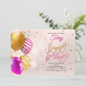 Birthday Balloons Roze uitnodiging (Staand voorkant)