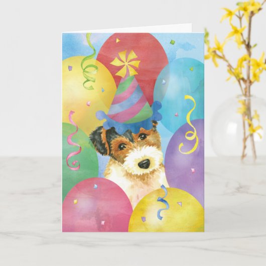 Birthday Balloons Wire Fox Terrier Kaart (Gele Bloem)
